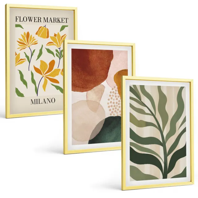 TULUP 4-Delige Schilderij Set - Bloemmotieven met abstracte vormen en bladeren - 40 x 60 cm - Wanddecoratie - Muurdecoratie - Moderne Interieurdecoratie Gouden lijst