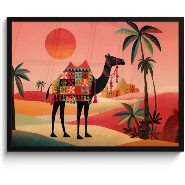 FrameYourWall Poster in lijst - Fotolijst 70x50 cm - Posters - Kameel - Gekleurd tapijt - Duinen - Rode zon - Posterlijst zwart - Decoratie - Wanddecoratie woonkamer - Muurdecoratie slaapkamer Kameel - Duinen - Zon