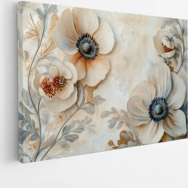 Saammp Canvas Schilderij - Vintage Anemonen en Bloemenpatroon - Tijdloze Kunst - Foto op canvas - Wanddecoratie Woonkamer - Landelijke Stijl - 70x50 Multicolor