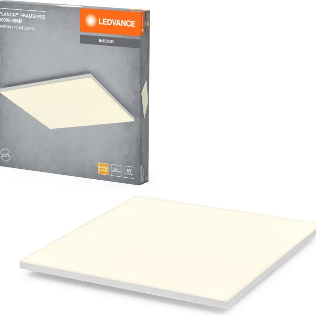 Ledvance Planon Frameloze plafondlamp in wit met geavanceerde LED-technologie, 40 W, vierkante vorm (600 x 600 mm), warm witte lichtkleur bij 3000 K, aluminium behuizing, matte PMMA diffuser