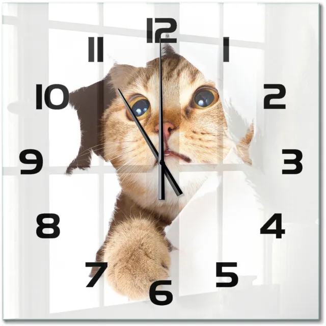 TULUP Wandklok - Kat in het gat Gekleurde Glazen Klok - 60x60 cm - Beige Glazen Klok Met Print - Zwarte handen - Vierkante Klok - Moderne Wandklok Glas - Wandklok Glas Decoratie