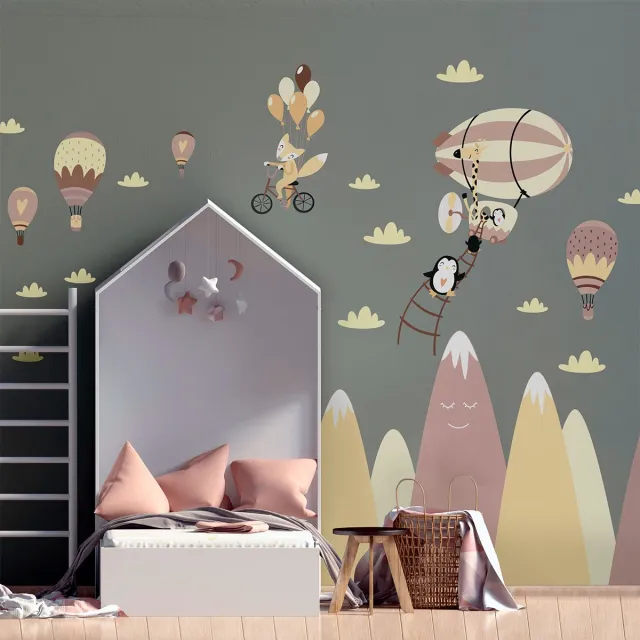 Ambiance Sticker Scandinavische bergstickers met dieren in de lucht, 40 x 60 cm Multi color