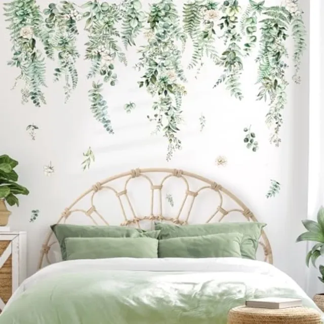 PromoHome Groene Planten Bladeren Muurstickers Set - Hangende Wijnstokken Tropische Bloem Blad Decoratie voor Slaapkamer Woonkamer TV Achtergrond Wanddecoratie