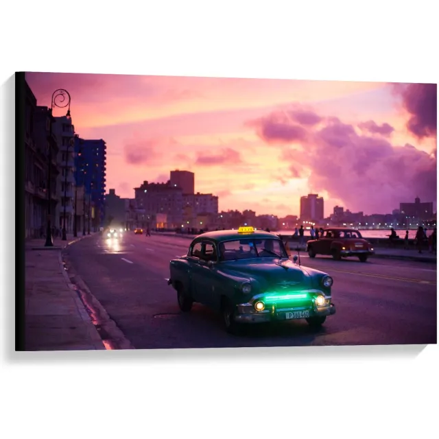 KuijsFotoprint Canvas - Auto's op Weg met Roze Lucht - 90x60cm Foto op Canvas Schilderij (Wanddecoratie op Canvas) Blauw