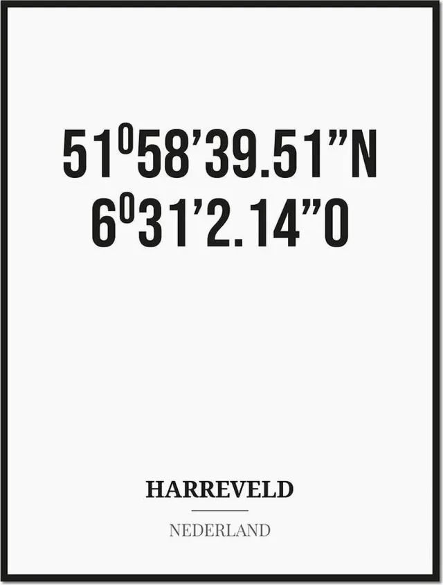 Studio216 Poster/kaart HARREVELD met coördinaten zwart, wit