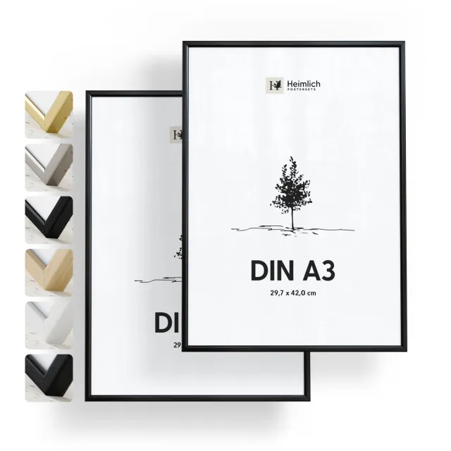Heimlich Fotolijsten A3 (29,7x42 cm) Set van 2 - Posterlijst Metaal Zwart - Wandhangend - Onbreekbaar Kunststof Glas