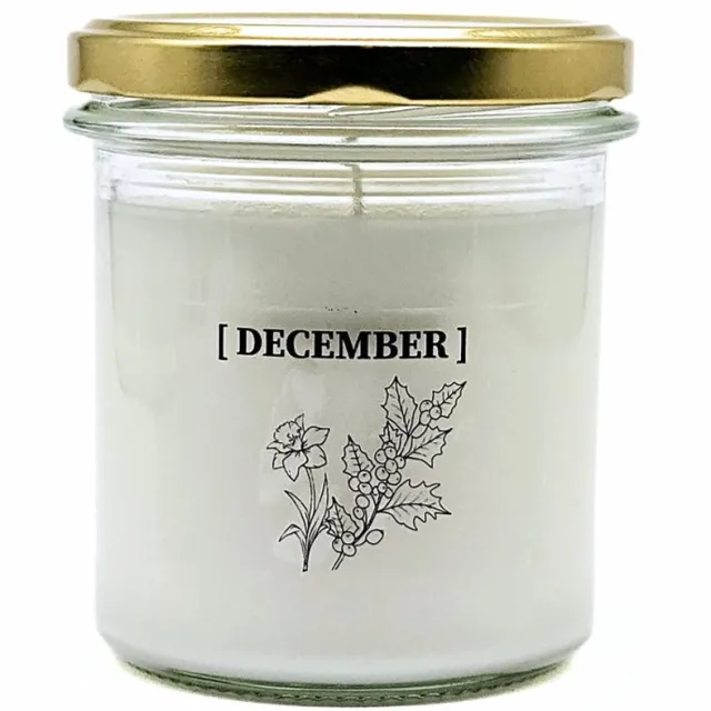 Candlelight-on geurkaars met geboortebloem en geboortedatum - 26 december - o.b.v. sojawas en etherische oliën Wit