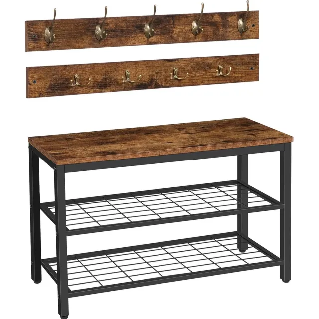 Hoomall Kapstok- en schoenenrekset - wandkapstok met 9 haken en schoenenrek voor entrees / foyers / gangen / woonkamers - donkerbruin