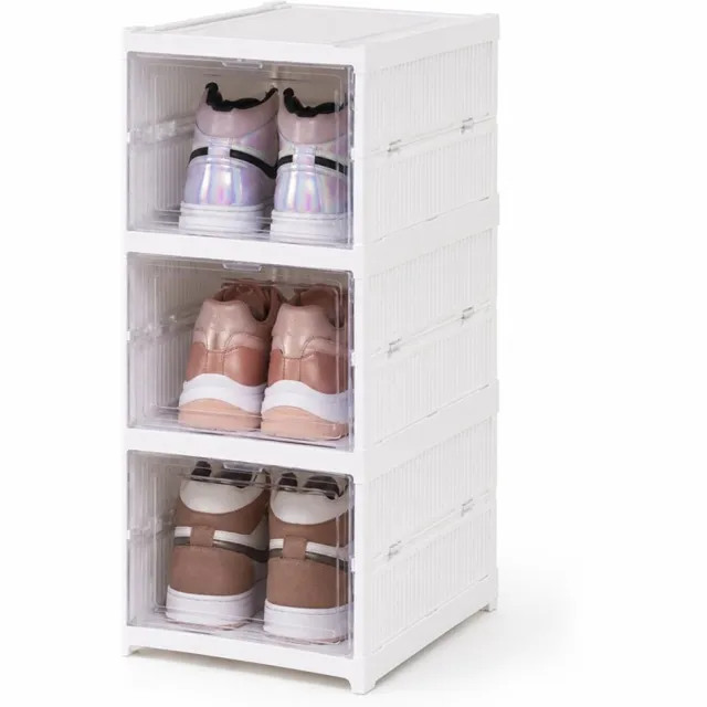 Sneakervault Schoenen organizer - 3 vakken - Opvouwbaar Transparant en Stapelbaar - L34.5 x B25,5 x H52.5 cm - Opbergbox - Sneaker box wit