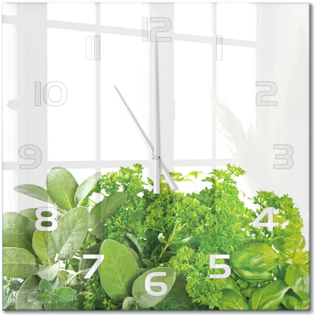 TULUP Wandklok - Kruiden Glazen Klok Met Print - 60x60 cm - Groente Wandklok Glas Met Motief - Witte handen - Vierkante Klok - Wandklok Glas Decoratie - Gekleurde Glazen Klok