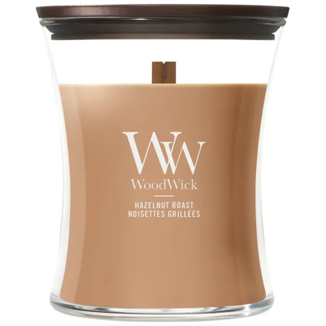 Woodwick Hourglass - Hazelnut Roast - Medium Geurkaars - 60 branduren Bruin