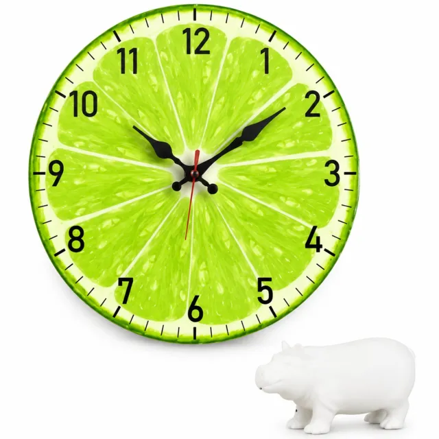 SWGOTA Houten wandklok met limoenschijfmotief, diameter 20 cm, rond met cijfers en schaalverdeling, voor keuken en eetkamer Groen