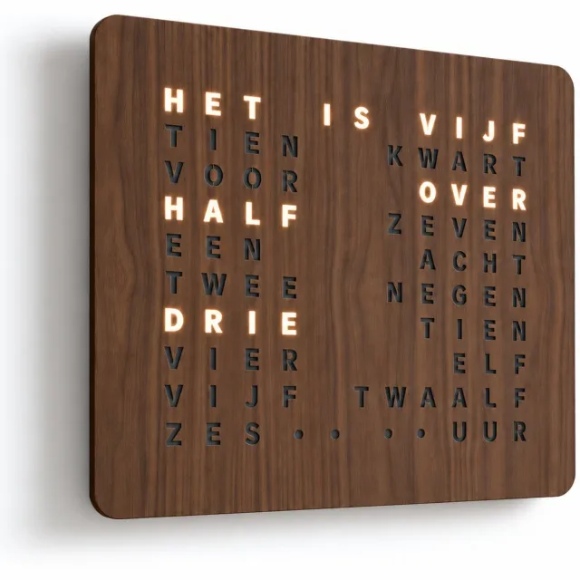 Atlas Time Klok met Woorden - Woordklok - Notenhout - 46x38 cm