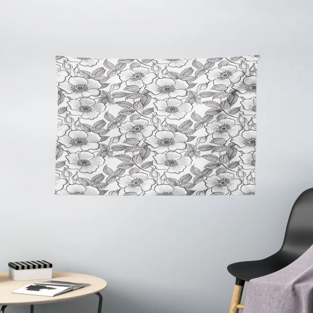 ABAKUHAUS Wit Wandtapijt, Ontluikende Bloeiende Bloemen, Woonkamer Slaapkamer Wanddoek Zijdezacht Satijn Tapijt, 150 x 100 cm, Antracietgrijs en Wit Houtskoolgrijs en wit