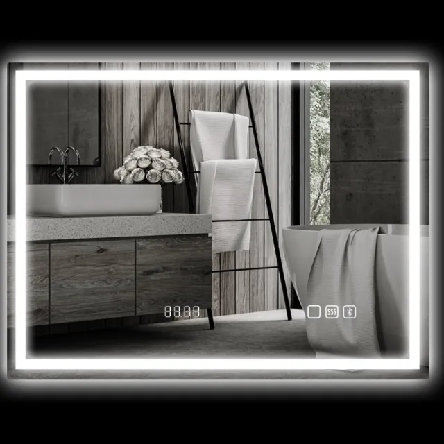 HAUSS SPOLE Badkamerspiegel Verlicht – 80 x 60 cm – Glas – Zilver – Bluetoothmuziek en Digitale Klok – Verwarmde Ontwaseming en Aanraakbediening
