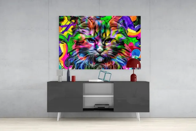 Insigne Art Glasschilderij - Pop Art - Kleurrijke Kattenkop - Wanddecoratie - 72x46 cm