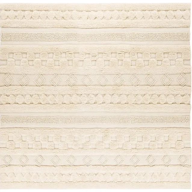 Padiro vierkant stijlvol laagpolig vloerkleed - lichtbeige - geometrisch boho-patroon - voor vloerverwarming - van wol en katoen