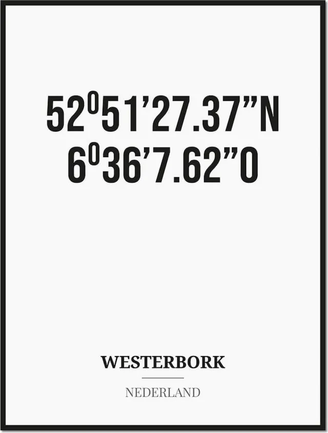 Studio216 Poster/kaart WESTERBORK met coördinaten zwart, wit