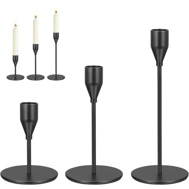 Ibenzoa Klassieke Set van 3 Zwarte Kandelaren voor Stijlvolle Tafeldecoratie en Gezellige Sfeer