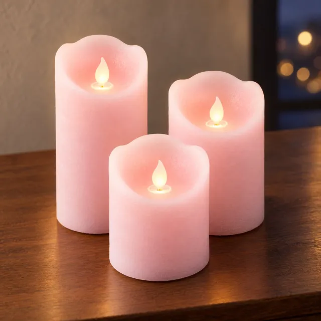 Cheqo LED Kaarsen Set van 3 - Roze Stompkaarsen met Bewegende Vlam - Vlamloze Kaarsen - Nepkaarsen - Sfeerkaarsen - Kaarsenset - Sfeerverlichting - Woondecoratie - Tafeldecoratie - Kaarslicht voor Woonkamer en Slaapkamer - Roze Decoratie