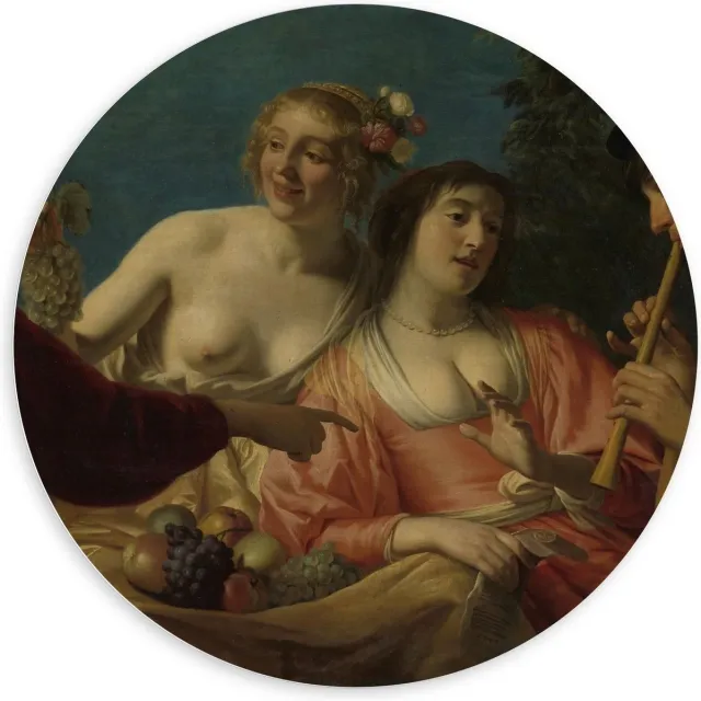 KuijsFotoprint Forex Wandcirkel - Oude Meesters - Fluitspelende herder & herderinne, Gerard v Honthorst - 100x100cm Foto op Wandcirkel (met ophangsysteem) Blauw