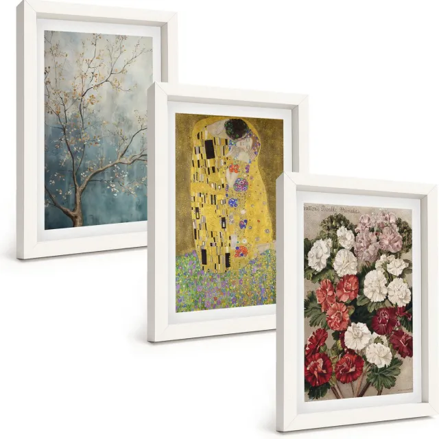 TULUP 3-Delige Schilderij Set - Bloemen en bomen in de schilderstijl van De Kus van Gustav Klimt. - 20x30 - Moderne Wanddecoratie - Slaapkamer - Muurdecoratie Witte lijst