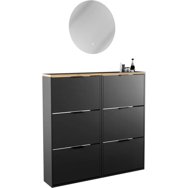 Planetmöbel STIVIO - Schoenenkast 60 cm - Zwart - Set van 2 met 3 kleppen - LED-spiegel NOVA ⌀ 60 cm 3 kleppen, Zwart, Nova 60 cm