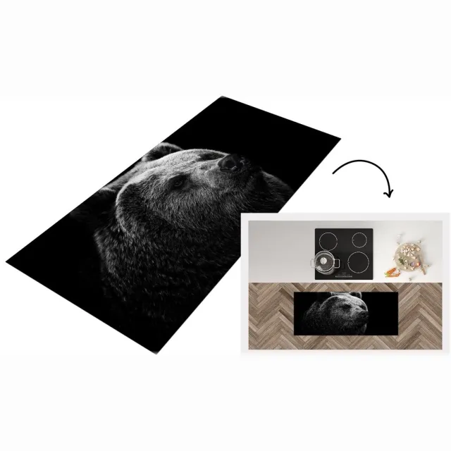 KitchenYeah Keukenloper - Loper keuken - Kamtsjatkabeer op zwarte achtergrond in zwart-wit - Keukenloper vinyl Zwart; Wit