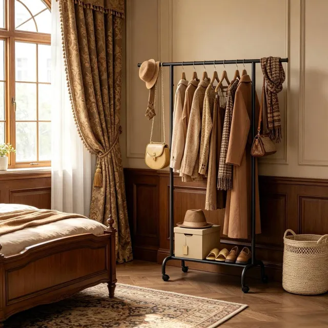 REDOM Kledingrek - Uitschuifbare kledingstang - Oxford stoffen legplank - Met wielen - Metaal - Zwart - 84-124 x 40 x 156 cm