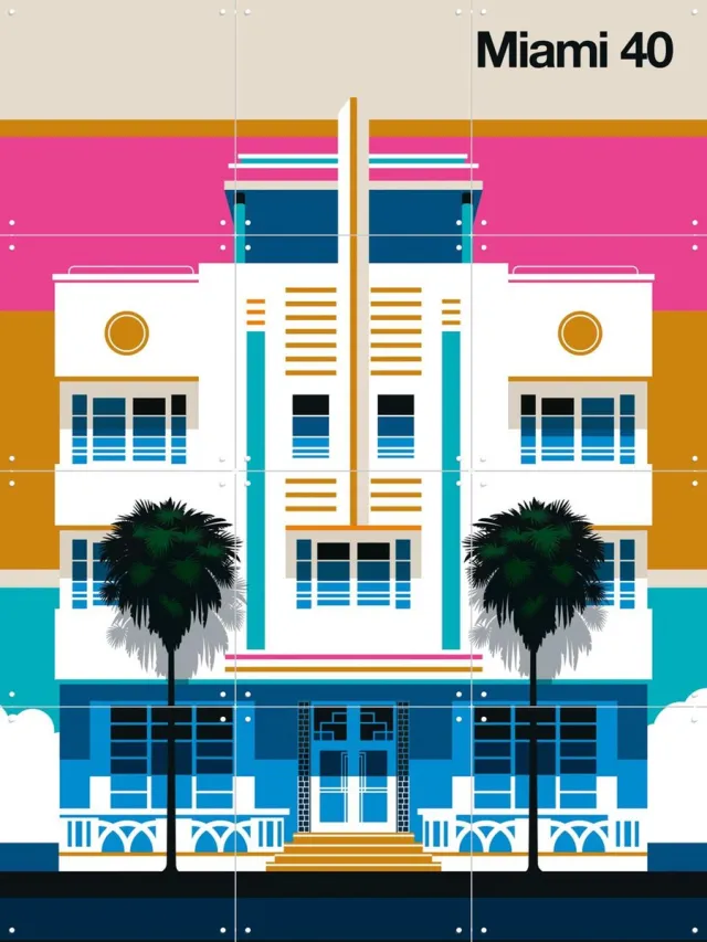 IXXI Miami 40, Bo Lundberg - 60 x 80 cm - Grote wanddecoratie en posters - Kleurrijk, Geometrische Kunst, Illustraties, Art Deco, Woonkamer, Mancave Blauw