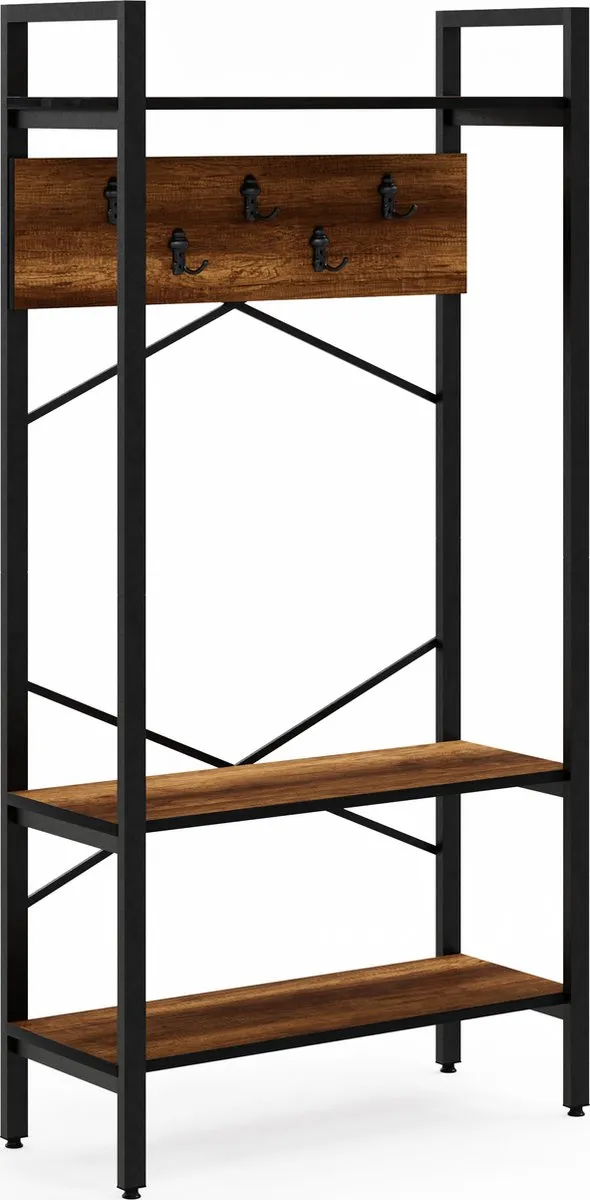 FurniChic Kapstok- Staande Kapstok - Garderoberek - Schoenenrek -Industrieel - Hout en Metaal- Bruin- 35x90x180cm