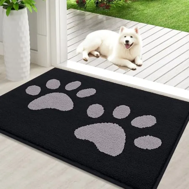 OLANLY Deurmat - Voor en achterdeurmat - Vuilafstotend en wasbaar - 60x90 cm - Zwart met grijze hondenpootafdruk