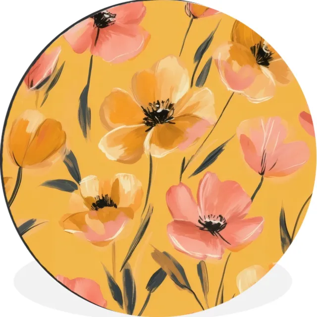 WallCircle Wandcirkel - Muurcirkel - Bloemen - Geschilderd - Geel - Aluminium - Dibond - 90x90 cm - Binnen en Buiten