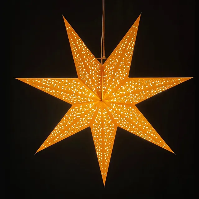 MoreThanHip Kerstster papier met verlichting 'Luma' - 7 punten - 60 cm diameter, 19 cm diep - Incl. USB-LED-verlichtingsset (5 m. snoer, schakelaar en bevestigingsclip) – Kerst Raam decoratie - Kerstversiering - Kerstverlichting - Kerst ster voor binnen goud