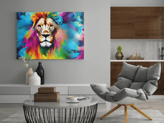 Trendex Global Canvas Schilderij - Dieren - Leeuw - Kleurrijk - Wanddecoratie - 120x80x2 cm
