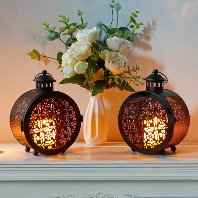 TRIROCKS Set van 2 Ronde Vintage Metalen Lantaarns - Decoratieve Kaarsenhouder 19 cm Zwart