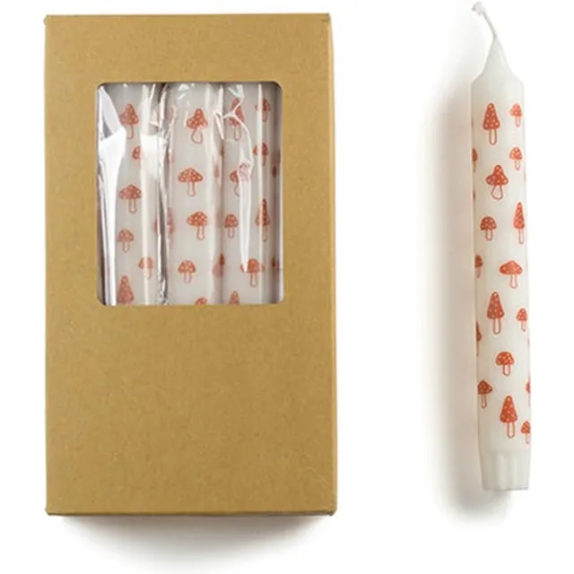 Rustik Lys Dinerkaarsen met print 'Mushroom' - 10 stuks Rood