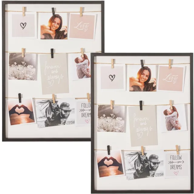 Home & Styling Collage fotolijst met knijpertjes - voor 2x foto - hout - zwart - 38 x 52 cm - wissellijst - klassiek