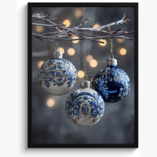FrameYourWall Poster in lijst - Fotolijst 60x80 cm - Posters - Kerstbal - Versierd - Blauw - Posterlijst zwart - Decoratie - Wanddecoratie woonkamer - Muurdecoratie slaapkamer - Kerstversiering - Kerstdecoratie voor binnen - Kerstmis