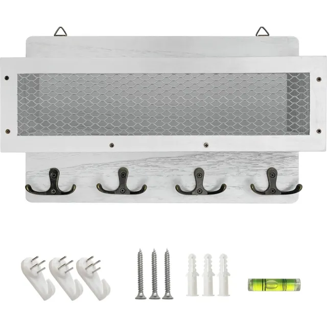 Pasamer Post- en sleutelhouder voor aan de muur, decoratief, houten wandsleutelrek organizer met 4 dubbele sleutelhaken, wandmontage, sleutelhanger voor ingang, opslag, woonkamer, hal, keuken (wit)