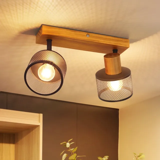NETTLIFE Houten Plafondlamp 2 Lichts E14 - Vintage Ganglamp - Zwart Metalen Verdraaibare Wandstraler - Met Roosterkap Retro Spotverlichting - Geschikt Voor Keuken En Bar - Zonder Lichtbron