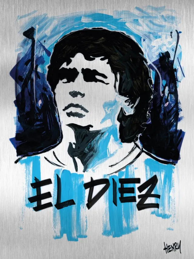 De Opmakerij MARADONA * EL DIEZ * - uniek sign painted kunstwerk op geborsteld aluminium 60 x 80 cm full-colour