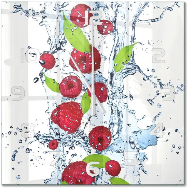 TULUP Wandklok - Frambozen en water Wandklok Glas Met Motief - 60x60 cm - Rood Decoratieve Glazen Klok - Witte handen - Vierkante Klok - Gekleurde Glazen Klok - Glazen Klok Met Print