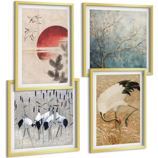 TULUP 4-Delige Schilderij Set - Illustraties van Japanse kraanvogels Japandi Landschap - 40 x 40 cm en 40 x 60 cm - Decoratieve Muurdecoratie - Slaapkamer - Woonkamer Decoratie Gouden lijst