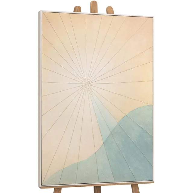 YS Canvas schilderij 120x80 cm handgeschilderd zonsopgang boven de zee – YS-Art Gallery – Lijst: Beige – Luxe wanddecoratie