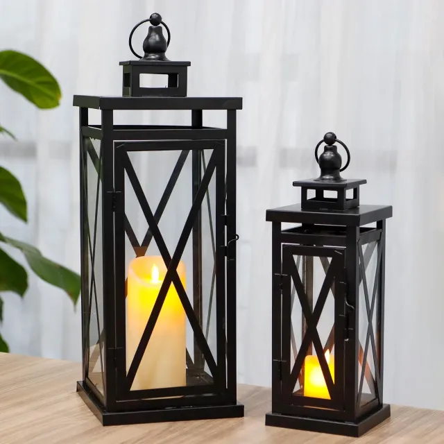 TRIROCKS Set van 2 Decoratieve Lantaarns Zwart Metaal met Glas 51 & 28 cm