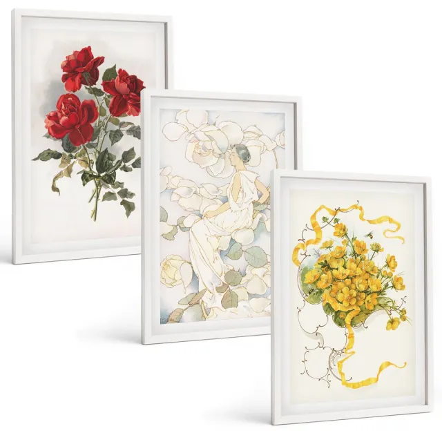 TULUP 3-Delige Schilderij Set - Rode rozen in een witte vaas met gele bloemen. - 40x60 - Stijlvolle Wanddecoratie - Interieur - Muurdecoratie Witte lijst