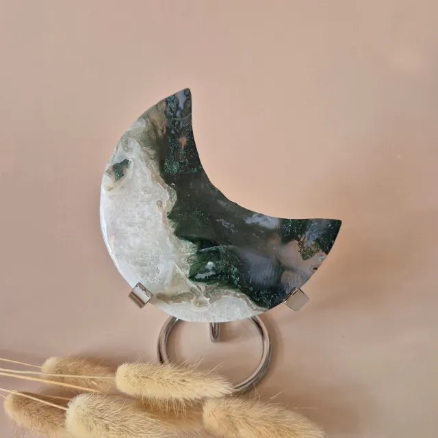Moonlight Gemstones XL Edelsteen Mosagaat Maan op Standaard (Druzy & Patronen) #174 - 193g