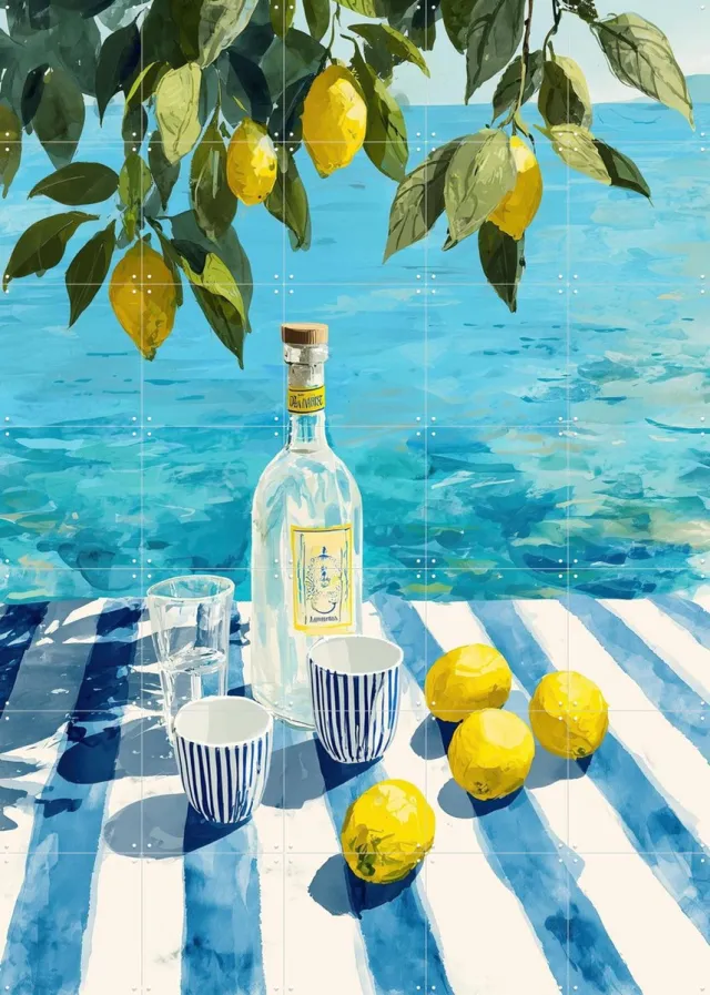 IXXI Lemon Tree Afternoon, Branka Kodžoman - 100 x 140 cm - Grote wanddecoratie en posters - Speels, Modern, Kleurrijk, Aquarel, Strandhuis, Eetkamer Geel / Blauw