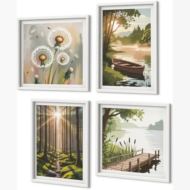 Coloray 4-Delige Schilderij Set - Rustige Landschappen Van Bos En Meer Met Een Boot - 40 x 40 En 40 x 60 - Wanddecoratie - Woonkamer Decoratie - Interieur Decoratie Witte lijst